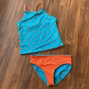 LL Bean Reversible Tankini - Solid Coral/Flamingo Print